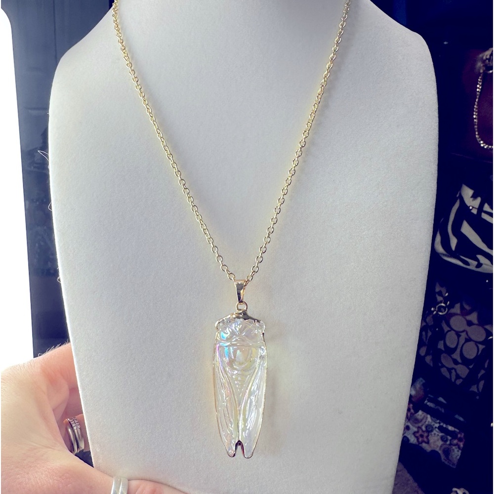 Gorgeous Glass Iridescent Cicada Gold Trim Pendant